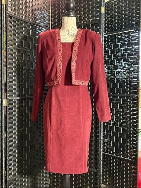 Vintage 1999/2000 R.J. & Co. Petite 2 Piece Faux Suede Sheath Dress w/ Bolero